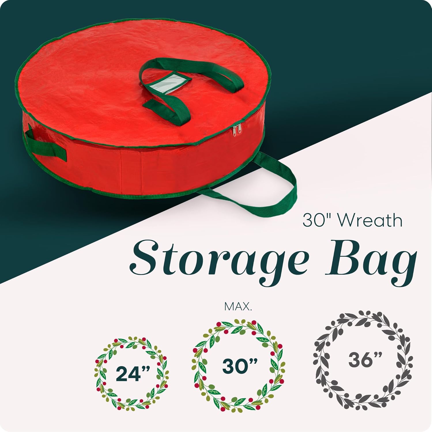 Handy Laundry Christmas Wreath Storage Container 30 Inch Durable Tarp Storage Bag with Zipper & Reinforced Handles. Holiday Dcor Organizer for Wreaths. Garlands & Seasonal Decorations. Green - Image 2