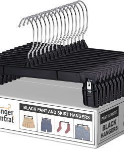 30 Pack Pants Hangers Slim Plastic Clothes Hangers with Clips for Skirts. Shorts & Trousers  Non Slip Grip. Heavy Duty Space Saver with Swivel Hook  Black Closet Organizer - 12 Inch